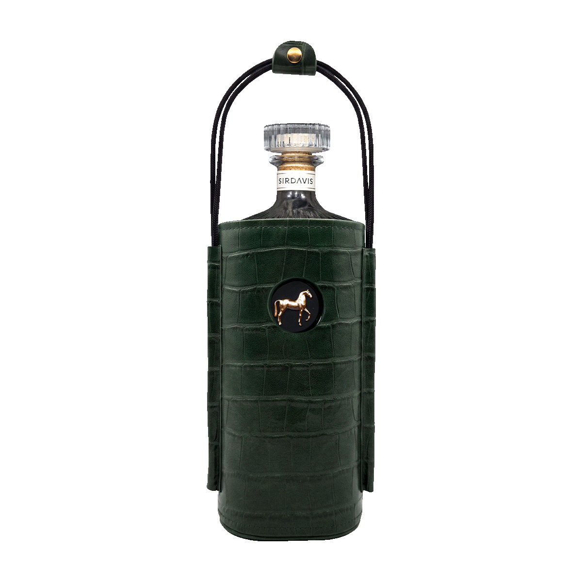 Beyoncé SirDavis gator leather bottle carrier in dark green, croc embossed holder with metal handle