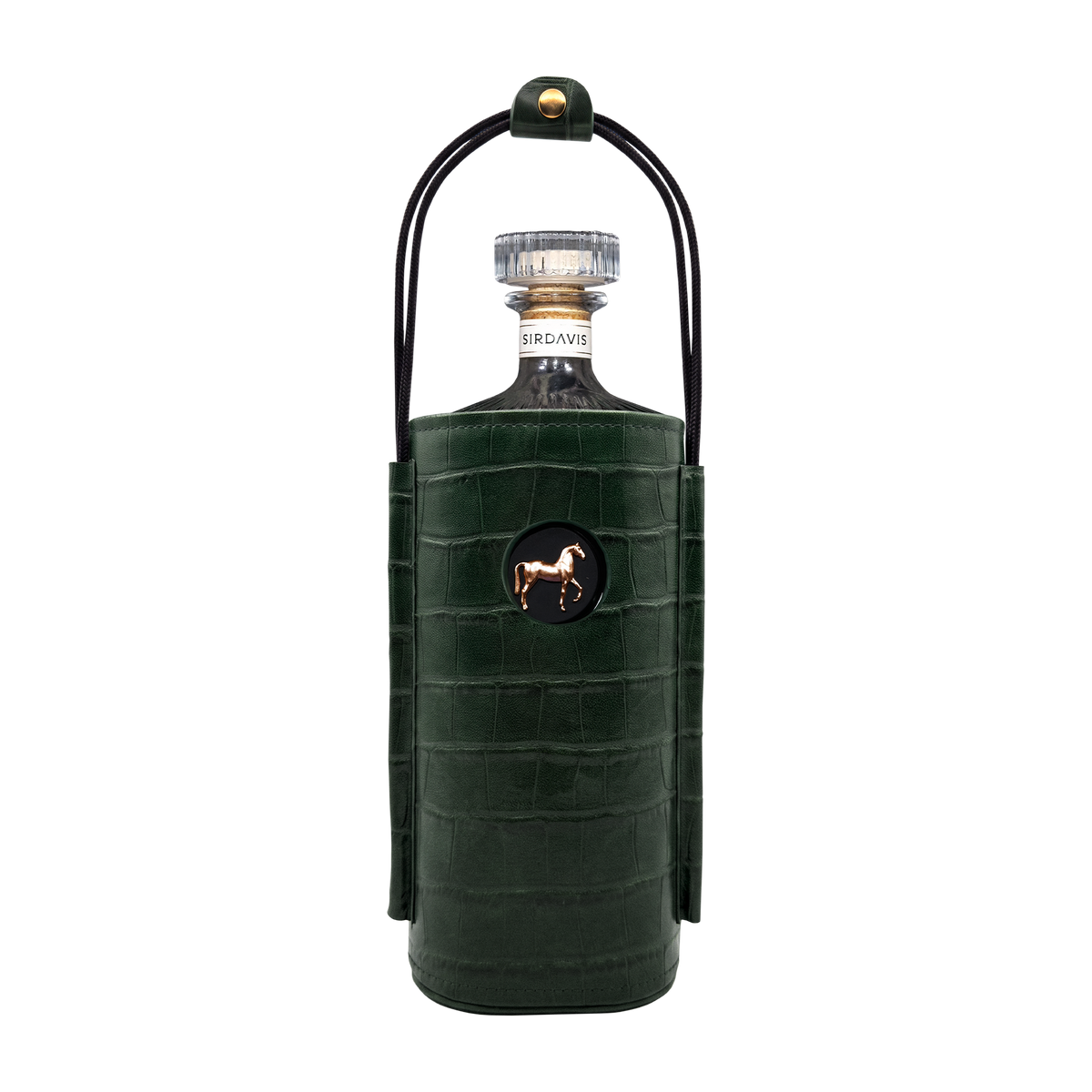 SirDavis dark green croc leather bottle carrier, front with the gold horse emblem