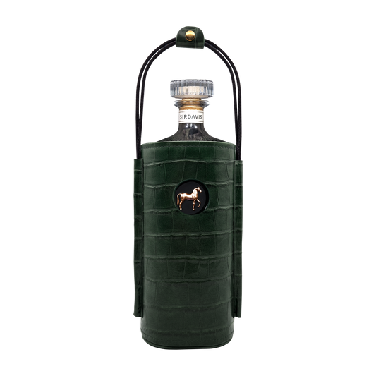 SirDavis dark green croc leather bottle carrier, front with the gold horse emblem