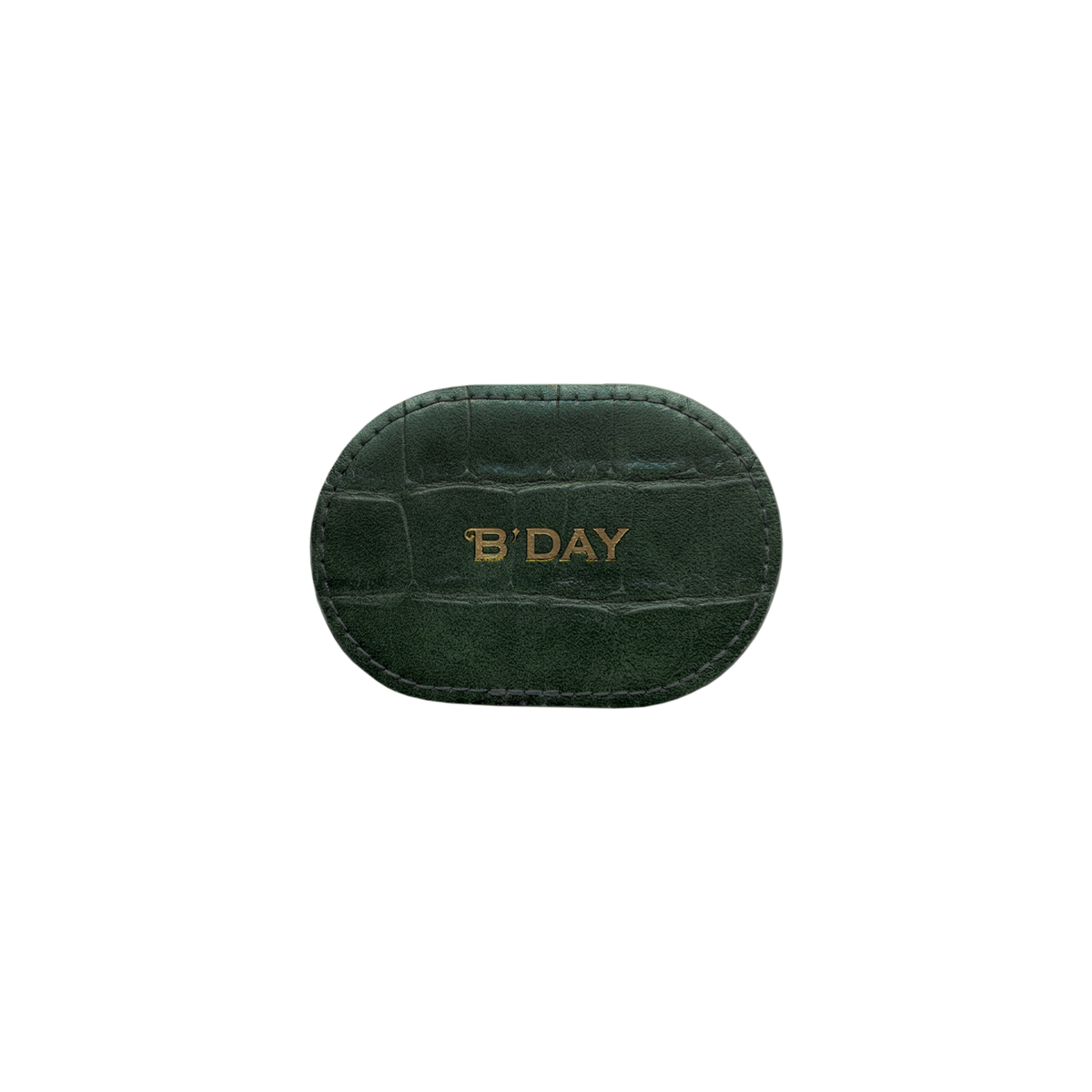 SirDavis carrier base detail, dark green croc leather oval embossed with B'DAY in gold