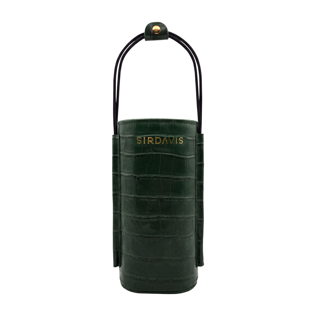 SirDavis gator leather bottle carrier, side view with SIRDAVIS stamped in gold