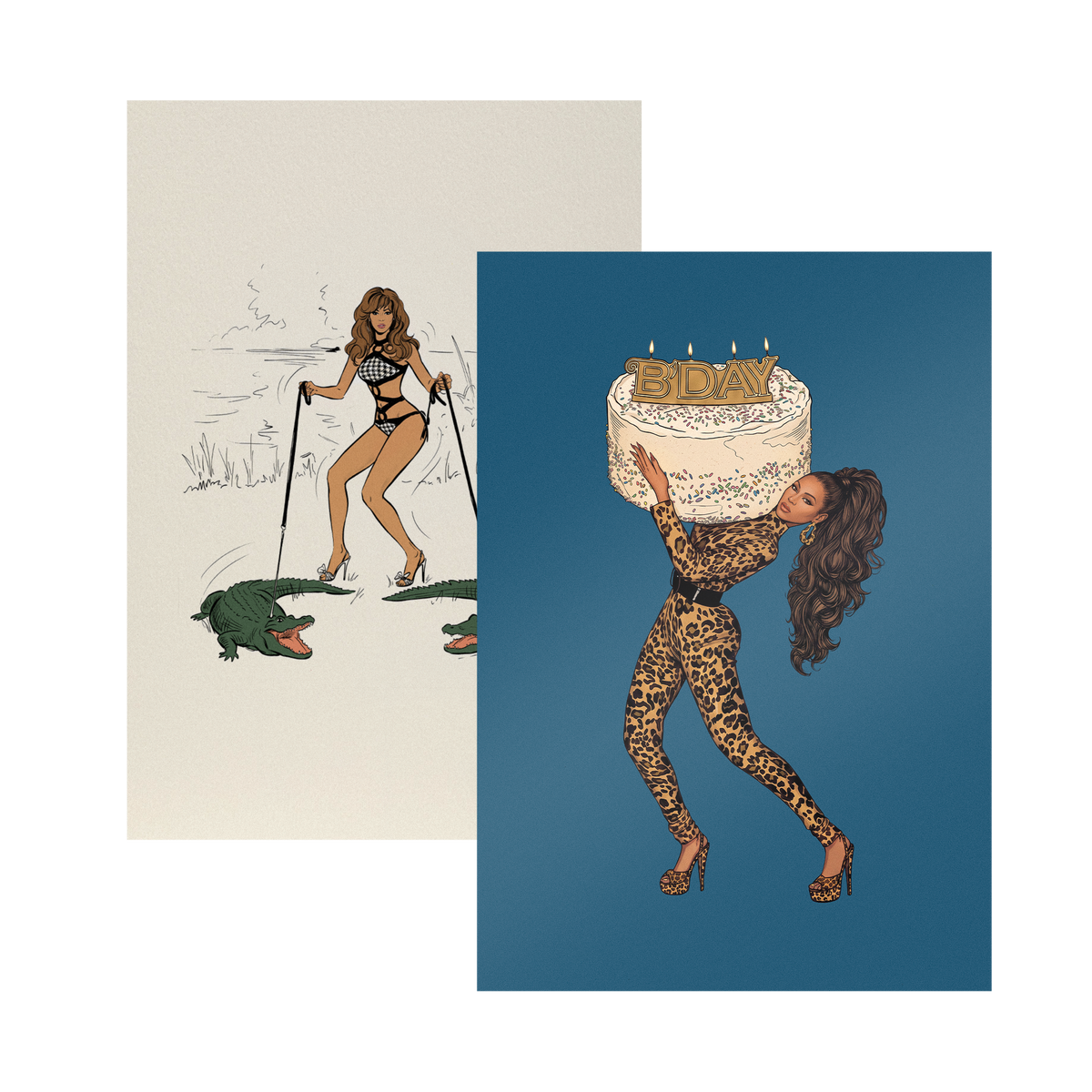 Beyoncé B'DAY 20 art print card set, a cream alligator sketch card and a blue B'DAY photo card