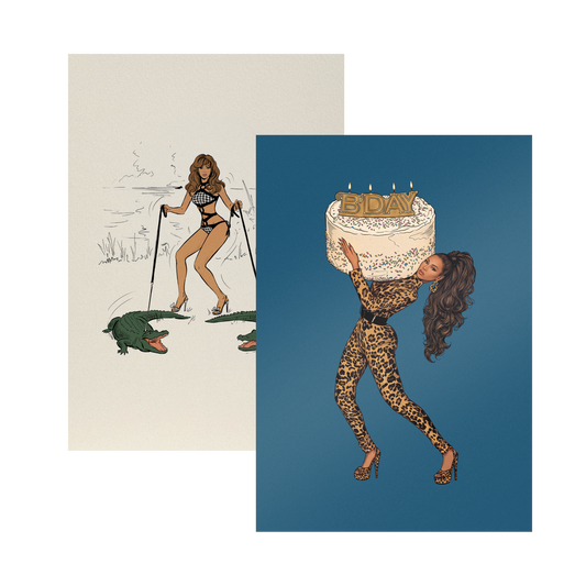 Beyoncé B'DAY 20 art print card set, a cream alligator sketch card and a blue B'DAY photo card