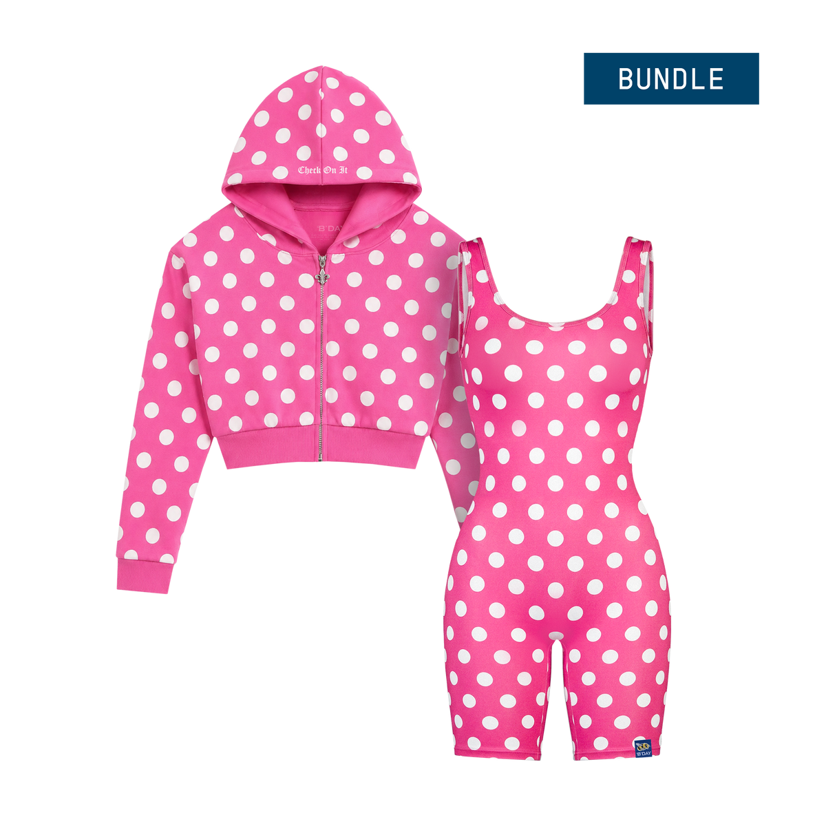 Beyoncé Check On It bundle, pink and white polka dot cropped hoodie with matching sleeveless playsuit