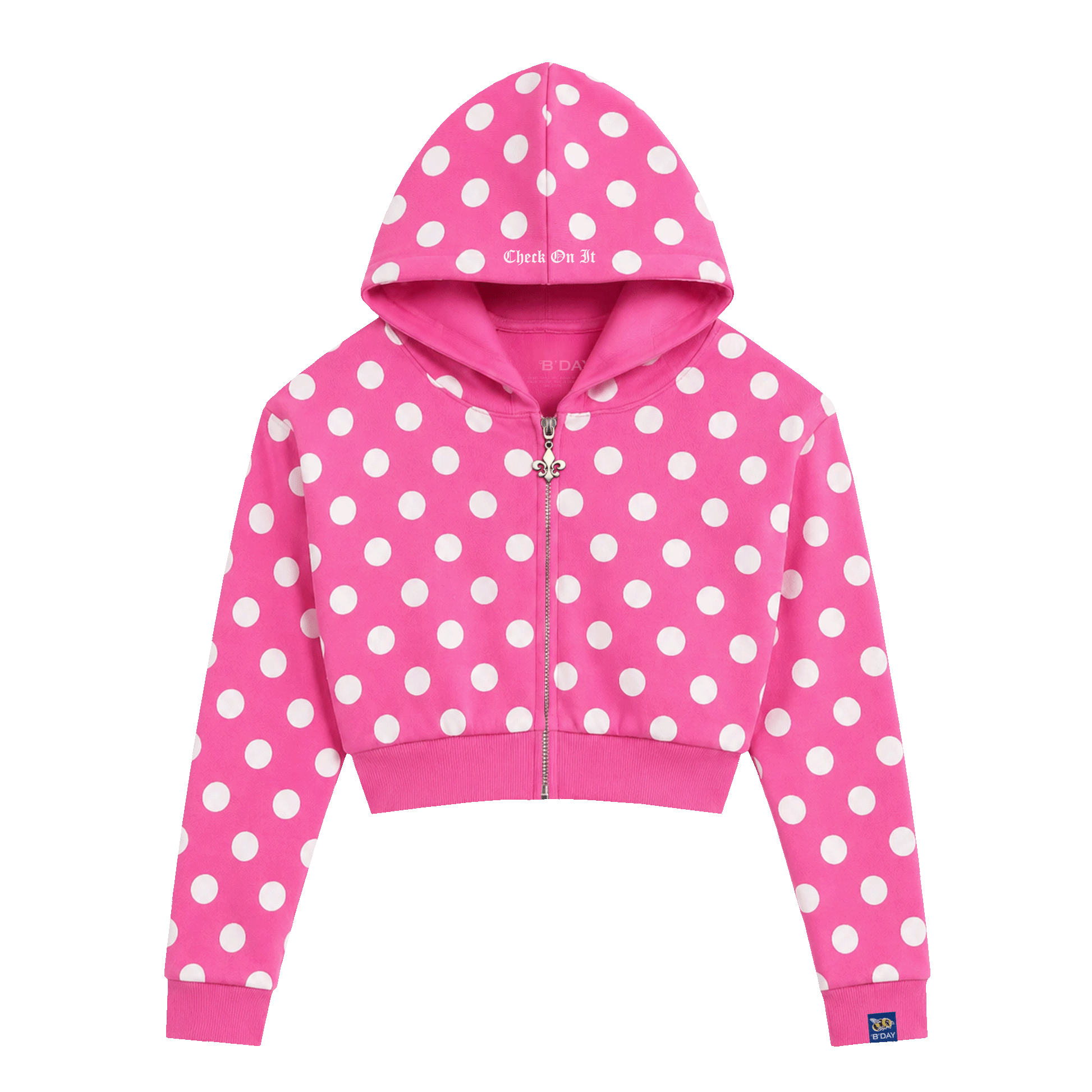 Beyoncé Check On It cropped zip hoodie in pink polka dot, shown with the hood up, front view
