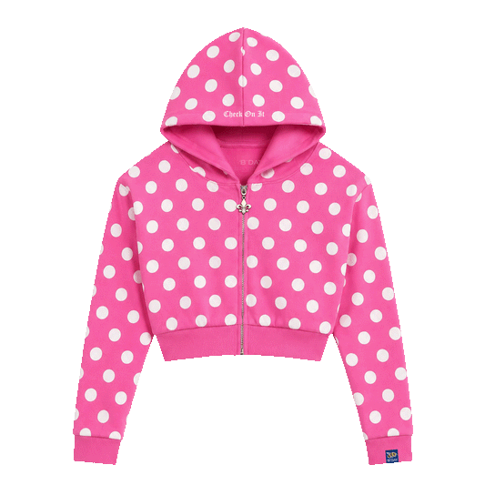Beyoncé Check On It cropped zip hoodie in pink polka dot, shown with the hood up, front view