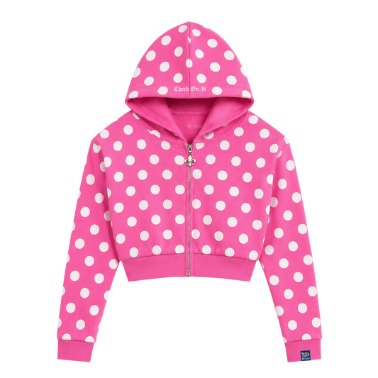 Check On It pink and white polka dot cropped zip hoodie, front view with zip fastening