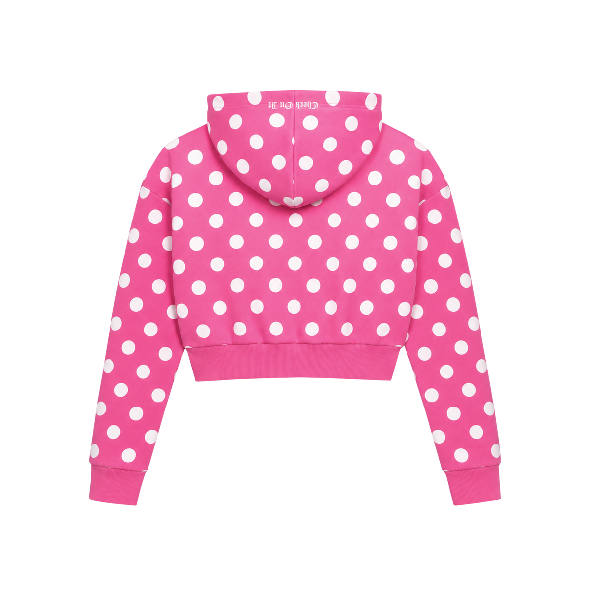 Check On It pink polka dot cropped zip hoodie, back view with the hood down