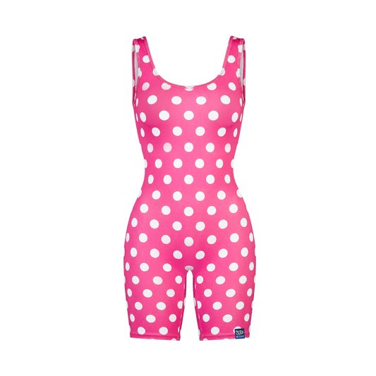 Beyoncé Check On It playsuit in pink polka dot, sleeveless scoop neck unitard, front view