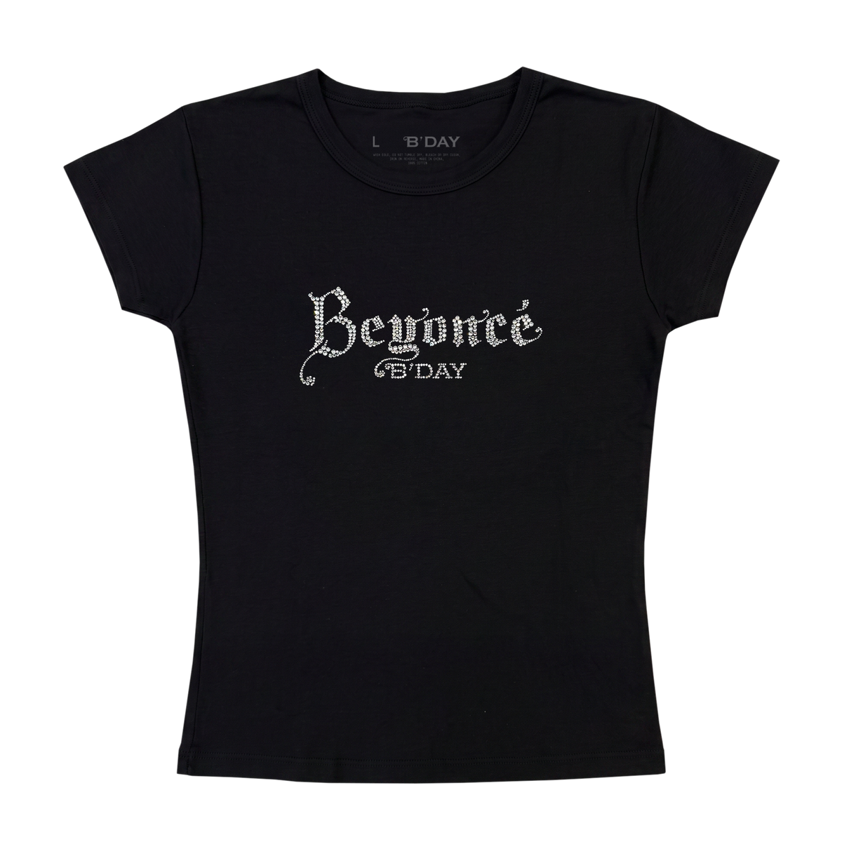 Beyoncé B'DAY crystal baby tee in black, fitted t-shirt with crystal set Beyoncé B'DAY script