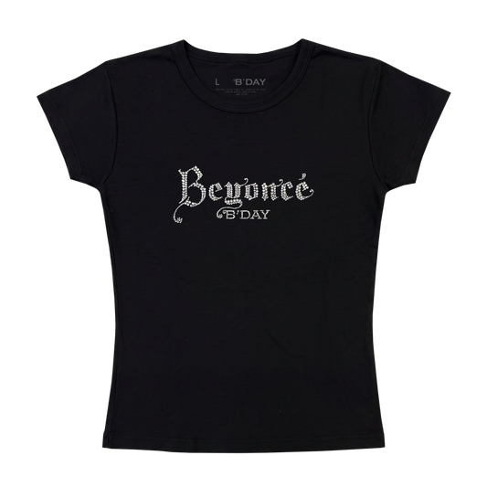 Beyoncé B'DAY crystal baby tee in black, fitted t-shirt with crystal set Beyoncé B'DAY script