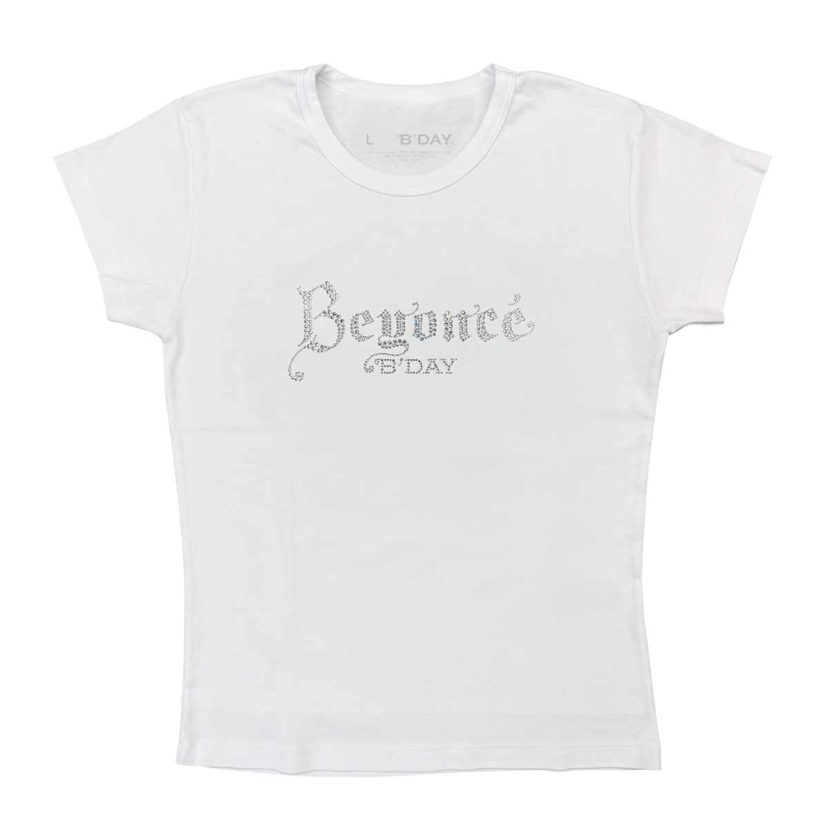 Beyoncé B'DAY crystal baby tee in white, fitted t-shirt with crystal set Beyoncé B'DAY script