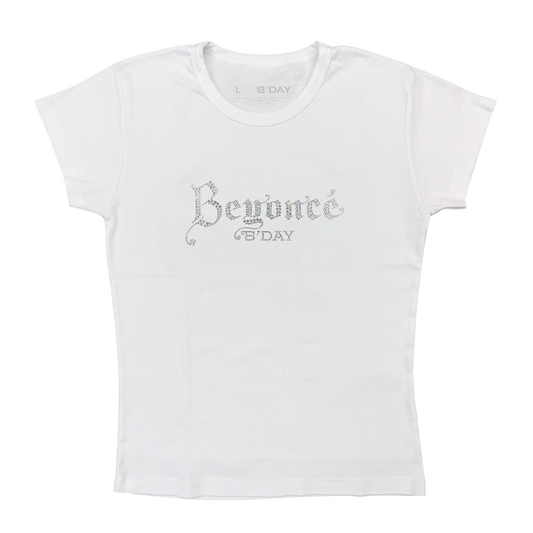 Beyoncé B'DAY crystal baby tee in white, fitted t-shirt with crystal set Beyoncé B'DAY script