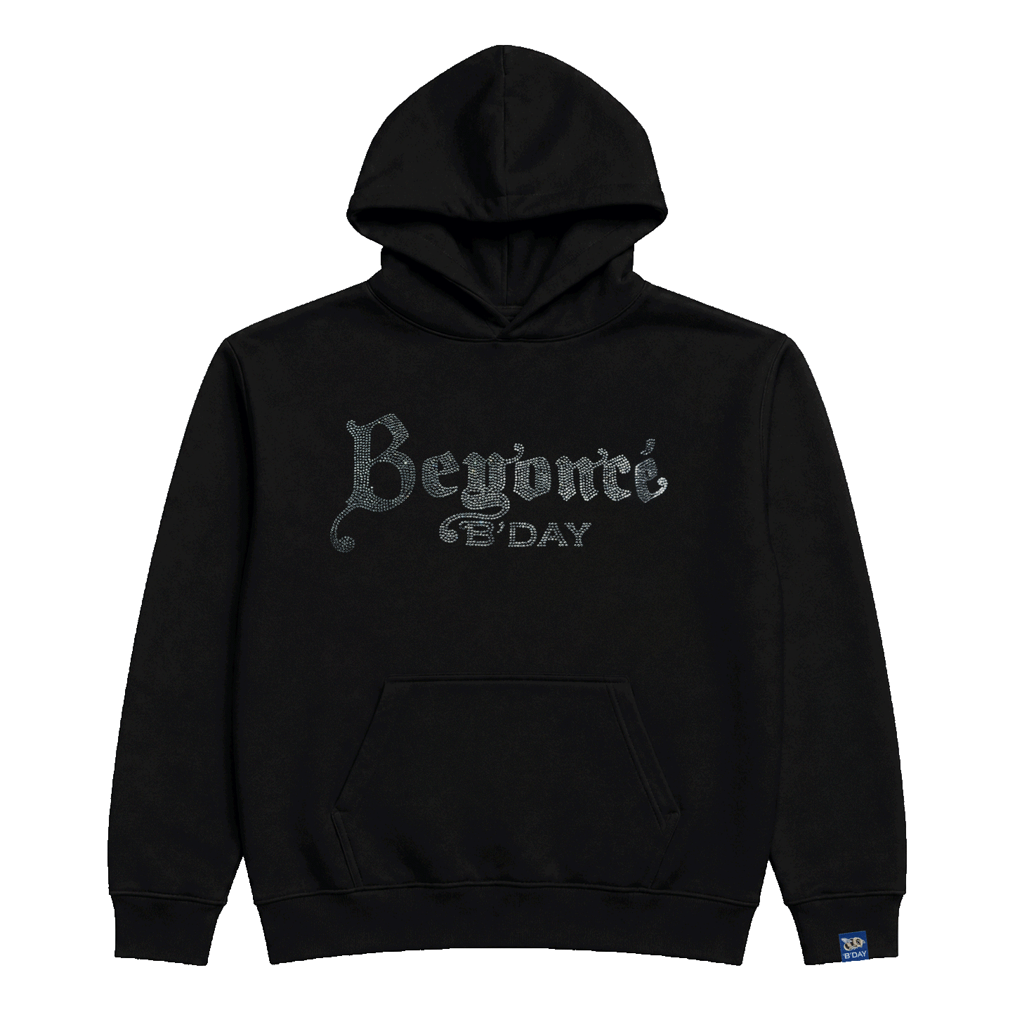 Beyoncé B'DAY crystal pullover hoodie in black, crystal set B'DAY script across the chest, front