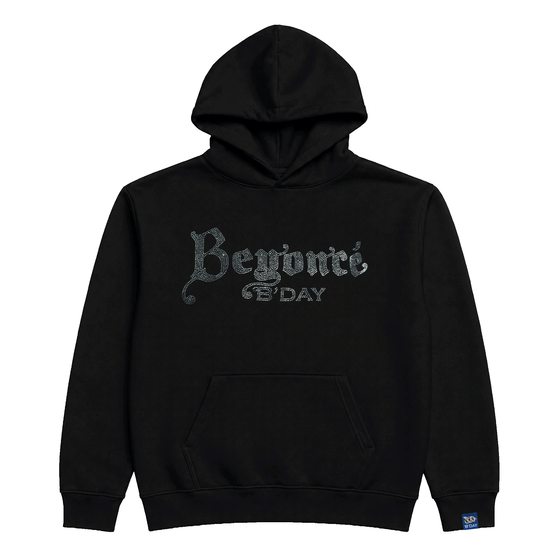 Beyoncé B'DAY crystal pullover hoodie in black, crystal set B'DAY script across the chest, front