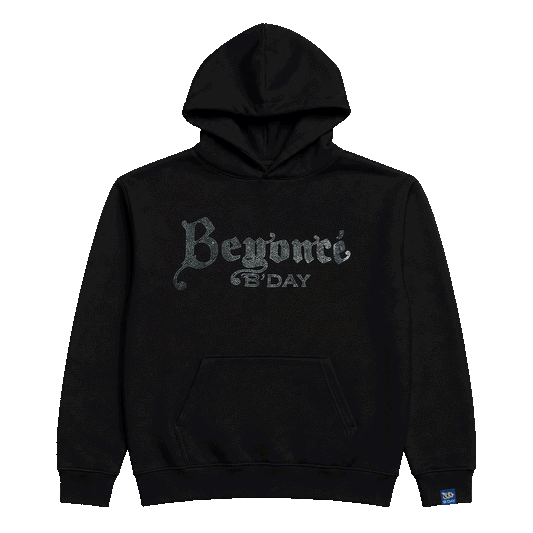 Beyoncé B'DAY crystal pullover hoodie in black, crystal set B'DAY script across the chest, front