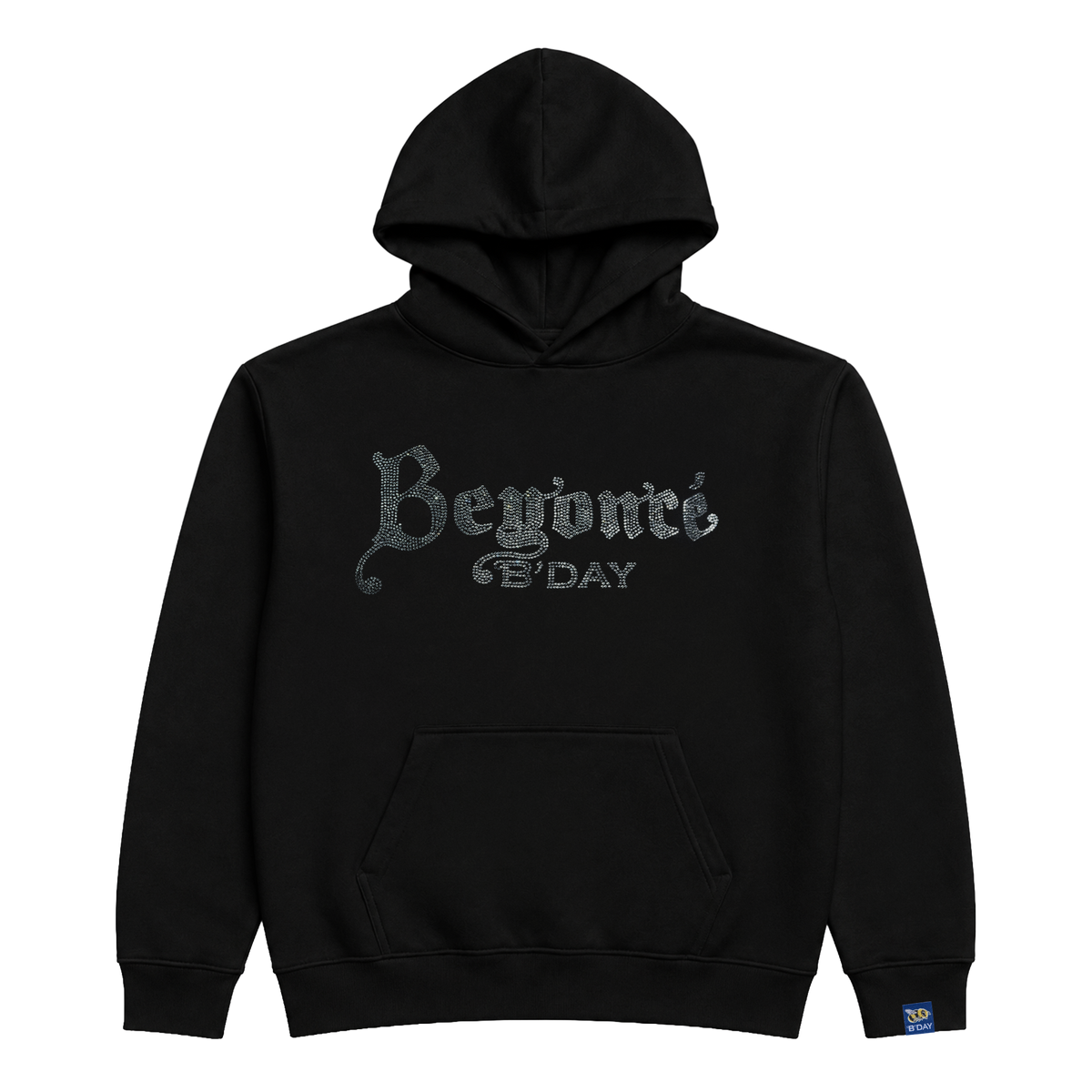 B'DAY black crystal pullover hoodie, front view with kangaroo pocket and drawstring hood