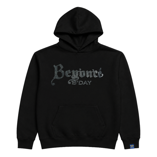B'DAY black crystal pullover hoodie, front view with kangaroo pocket and drawstring hood