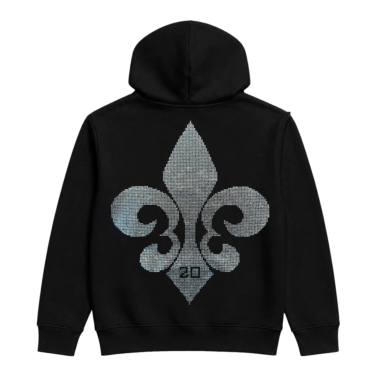 B'DAY black crystal hoodie, back with a large crystal fleur de lis and 20 at the centre