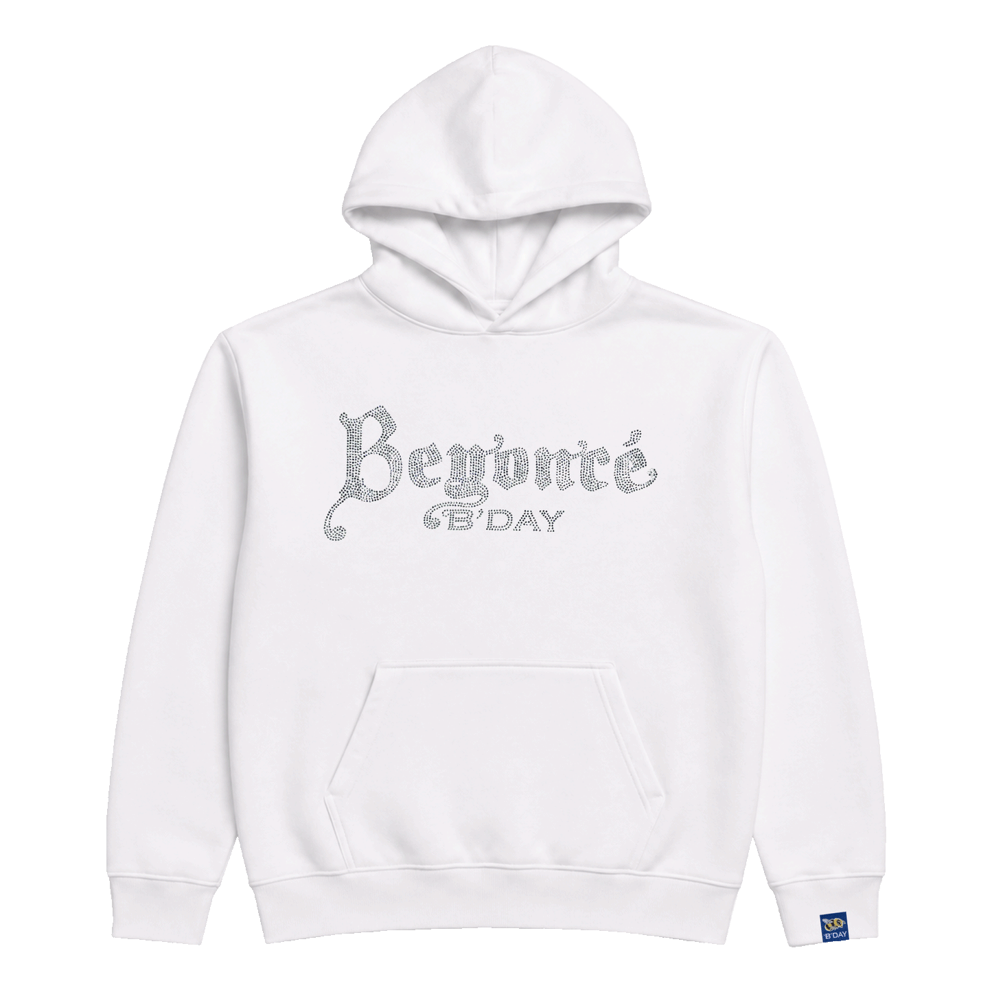 Beyoncé B'DAY crystal pullover hoodie in white, crystal set B'DAY script across the chest, front