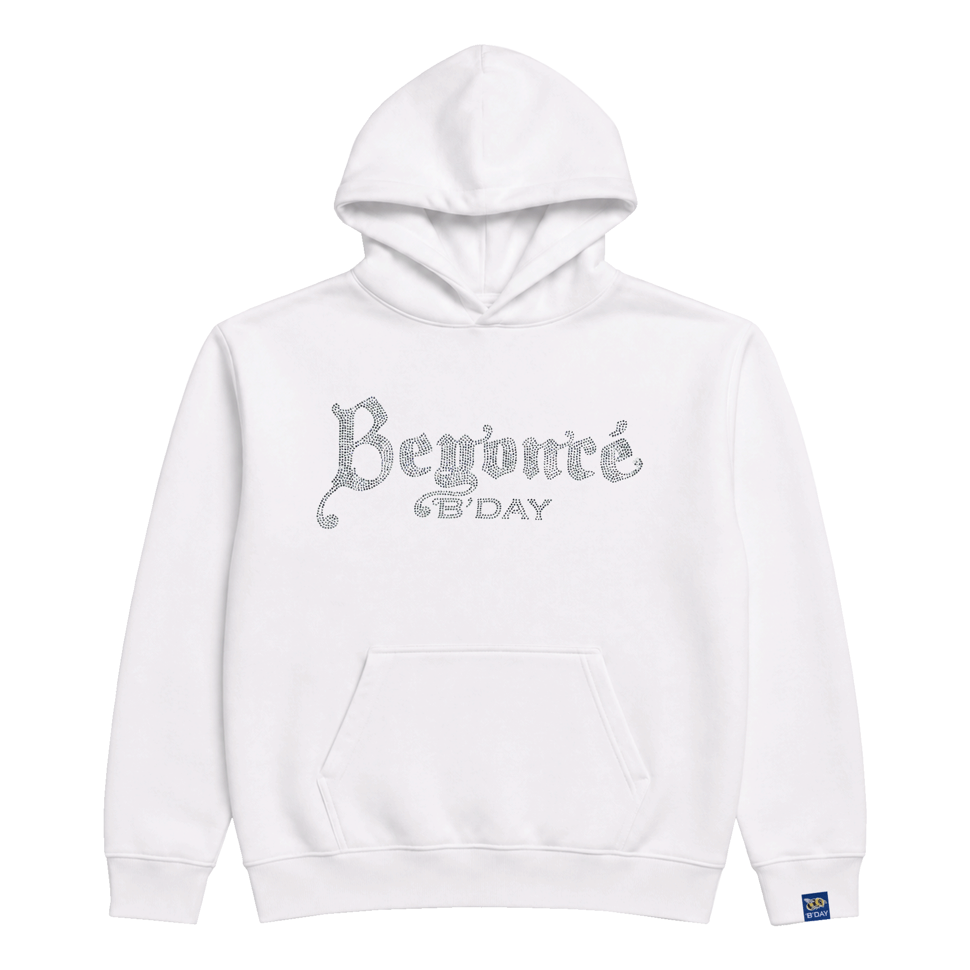 Beyoncé B'DAY crystal pullover hoodie in white, crystal set B'DAY script across the chest, front