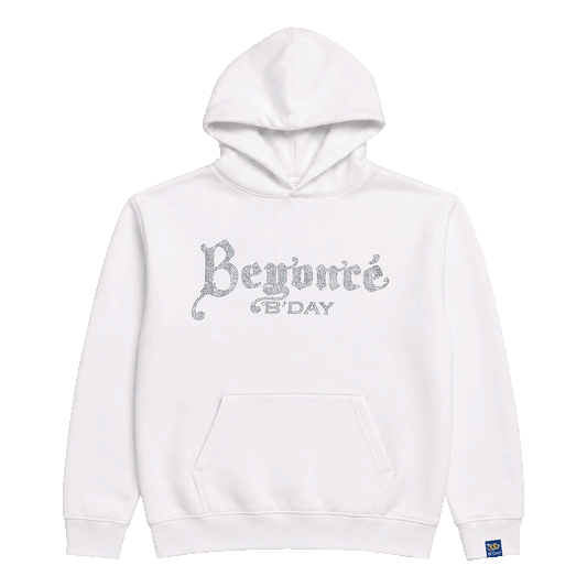 Beyoncé B'DAY crystal pullover hoodie in white, crystal set B'DAY script across the chest, front