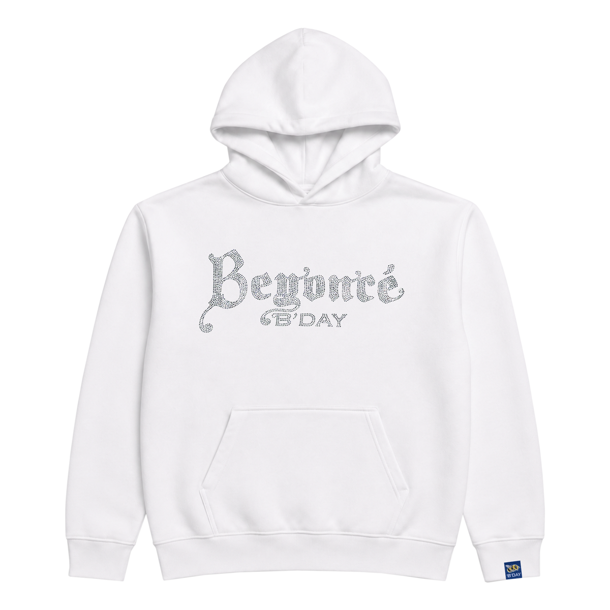 B'DAY white crystal pullover hoodie, front view with kangaroo pocket and drawstring hood