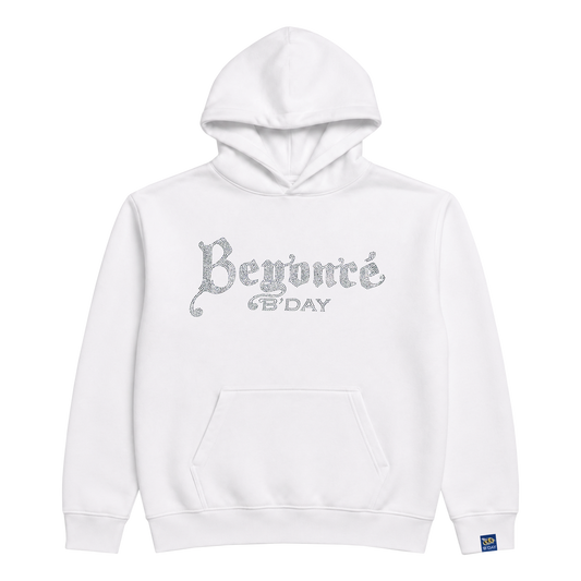 B'DAY white crystal pullover hoodie, front view with kangaroo pocket and drawstring hood