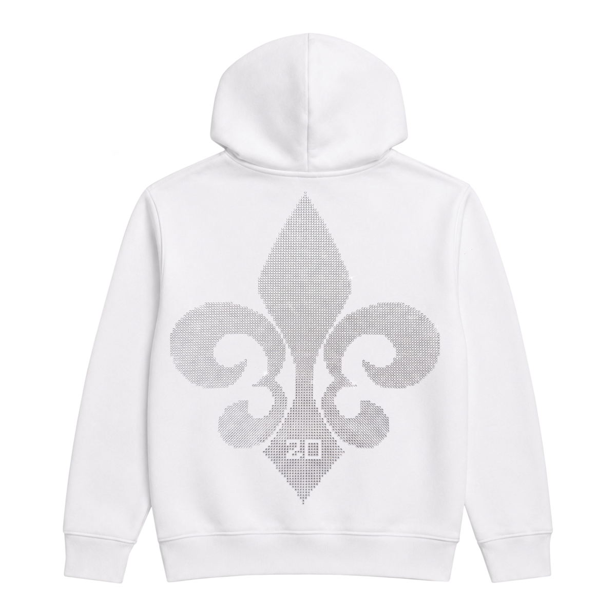 B'DAY white crystal hoodie, back with a large crystal fleur de lis and 20 at the centre