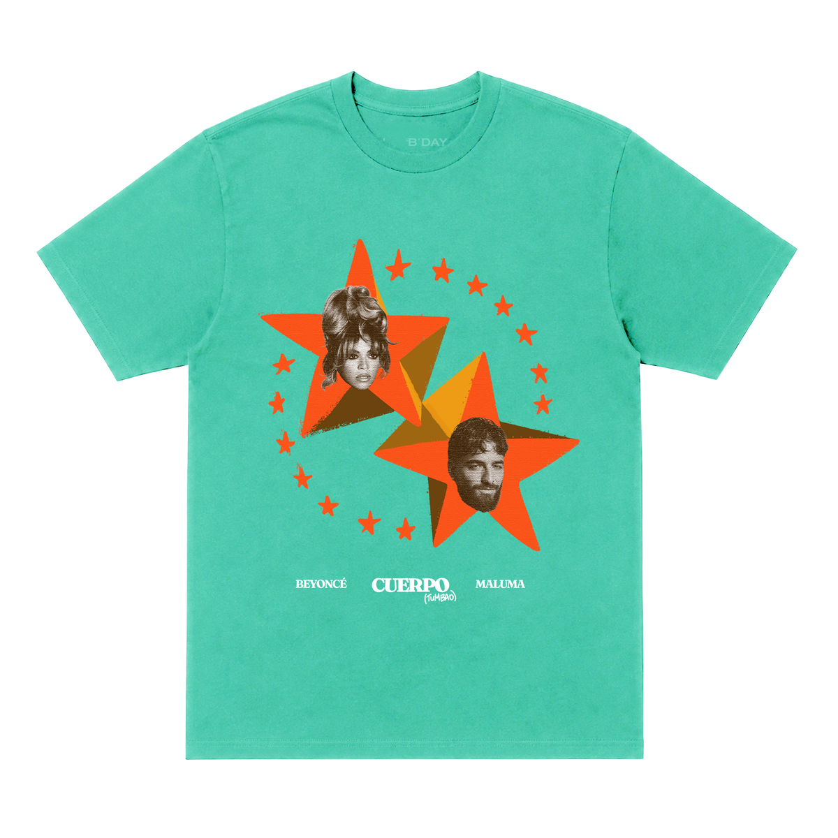 Beyoncé x Maluma Cuerpo (Tumbao) t-shirt in mint green, orange star graphic with both artists' portraits