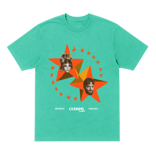 Beyoncé x Maluma Cuerpo (Tumbao) t-shirt in mint green, orange star graphic with both artists' portraits