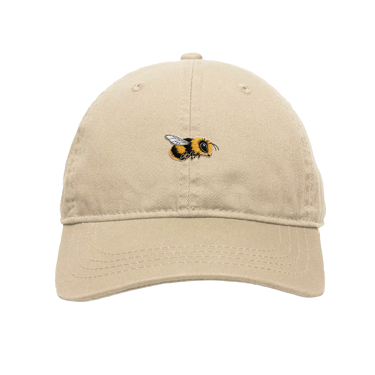 Beyoncé B'DAY 20 Hive hat in cream, cotton dad cap with an embroidered honeybee on the crown, front