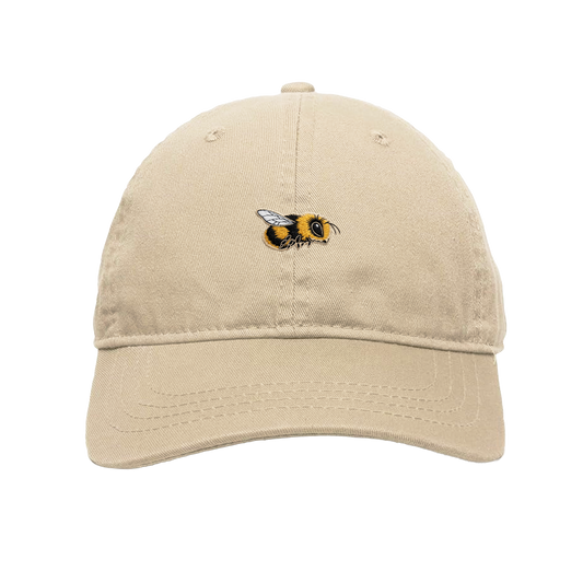 Beyoncé B'DAY 20 Hive hat in cream, cotton dad cap with an embroidered honeybee on the crown, front