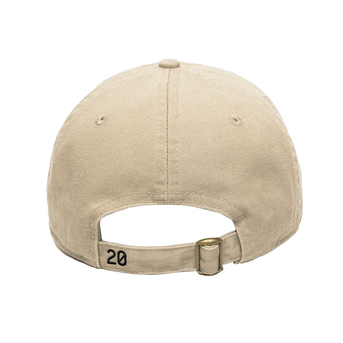 B'DAY 20 cream Hive dad cap, back view with the adjustable strap and embroidered 20