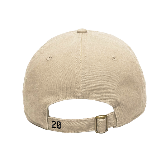 B'DAY 20 cream Hive dad cap, back view with the adjustable strap and embroidered 20