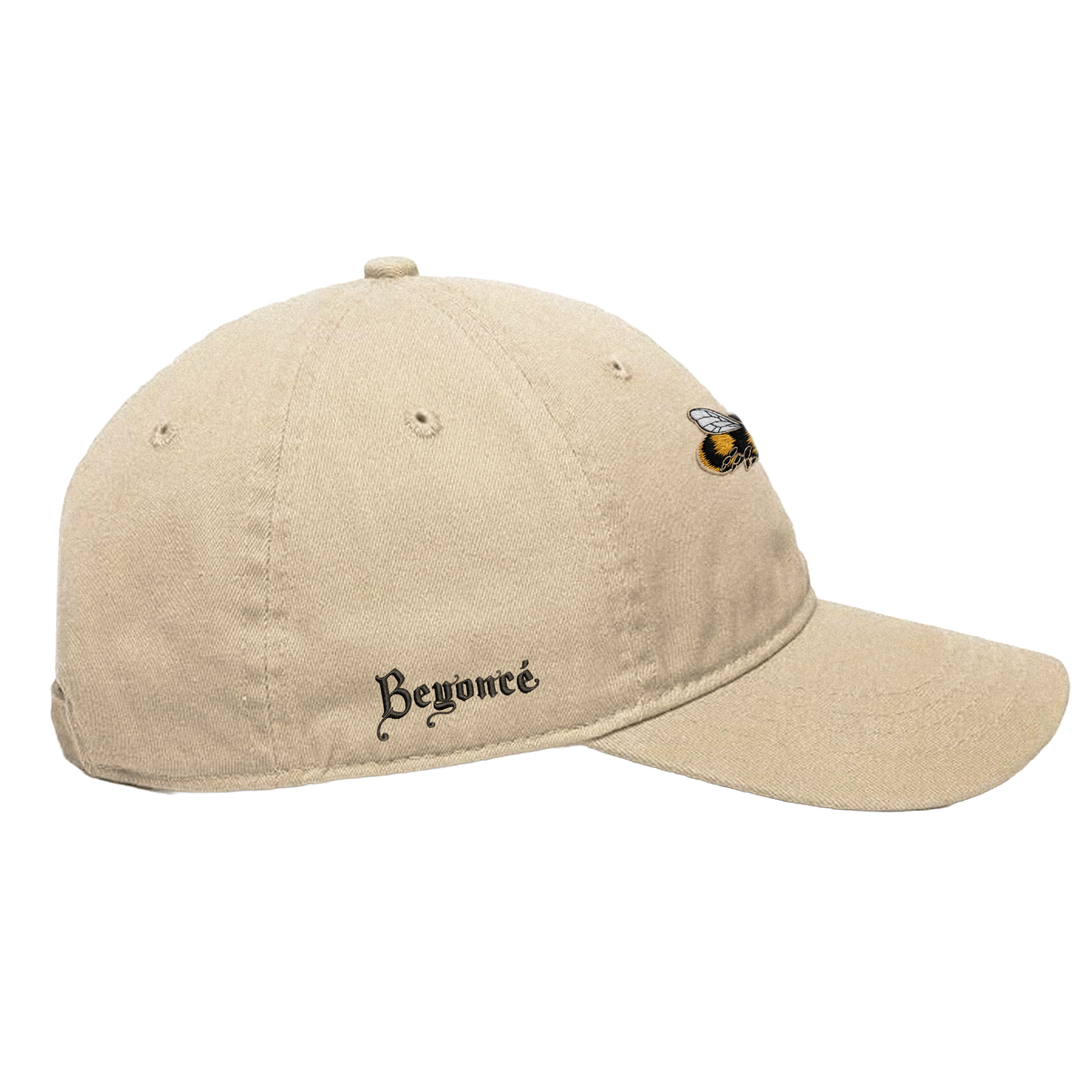 cream Hive dad cap, opposite side with the Beyoncé script embroidered on the brim