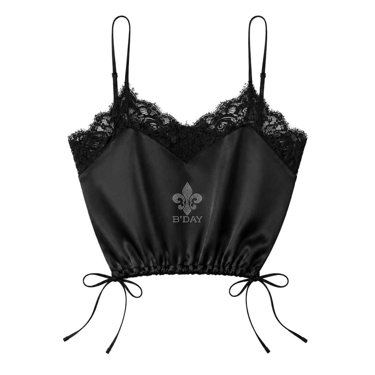 Beyoncé Déjà Vu cami in black, satin camisole with lace trim and a fleur de lis B'DAY print