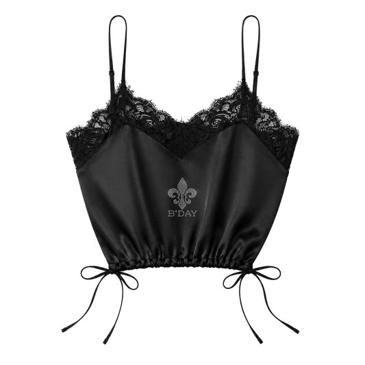 Beyoncé Déjà Vu cami in black, satin camisole with lace trim and a fleur de lis B'DAY print