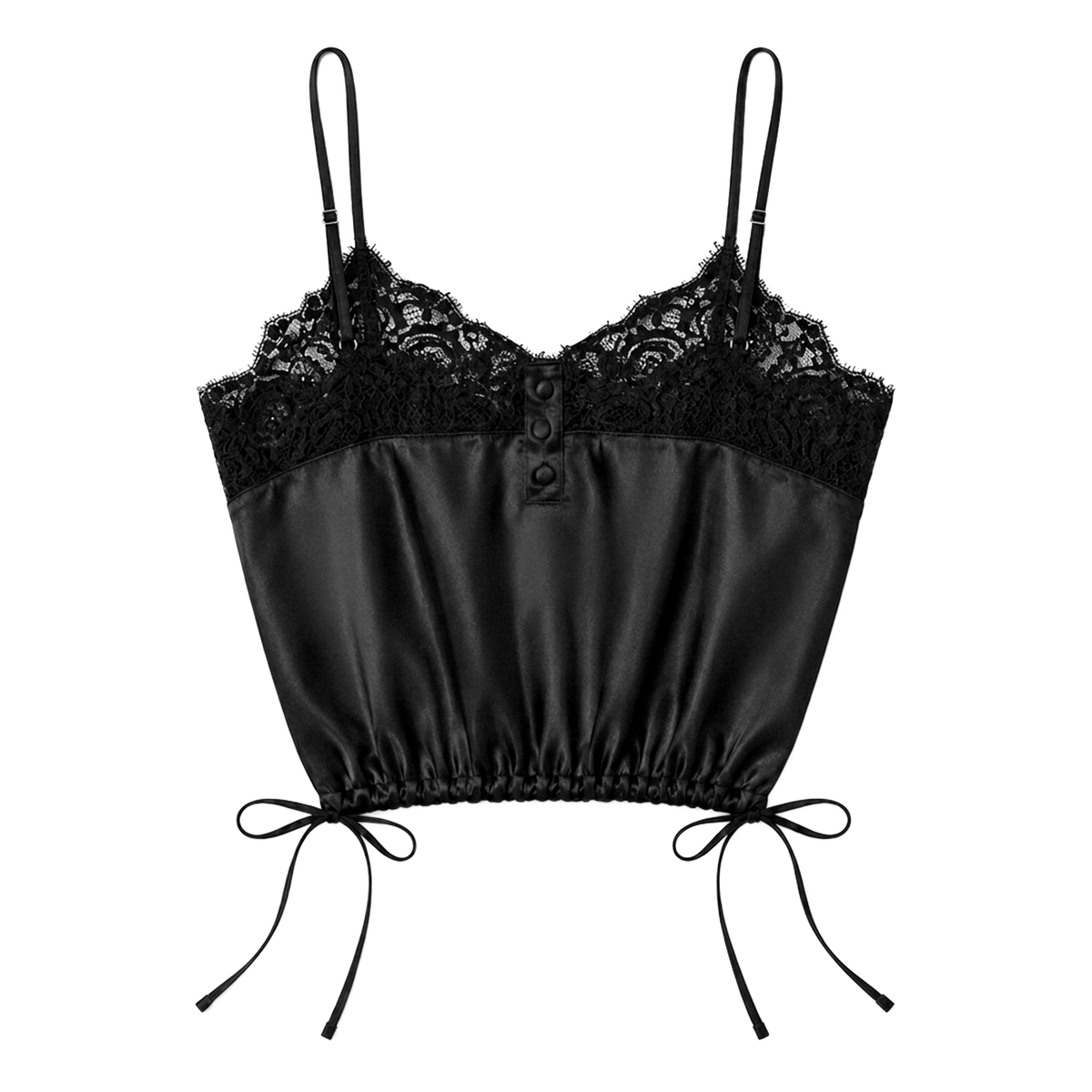 Déjà Vu black satin lace trim camisole, back view with the drawstring side ties