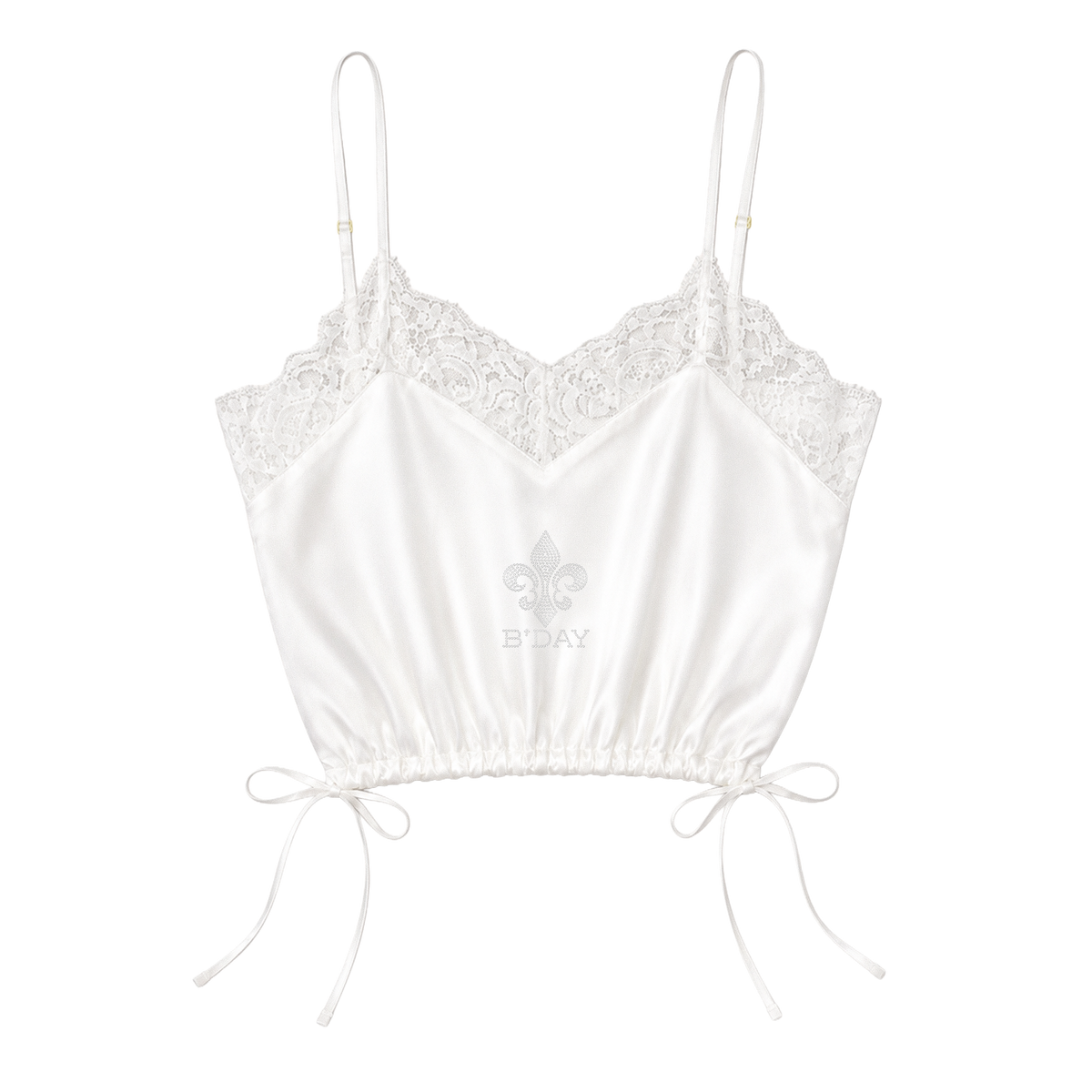 Beyoncé Déjà Vu cami in white, satin camisole with lace trim and drawstring side ties, front