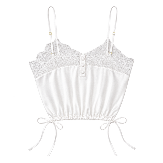 Déjà Vu white satin lace trim camisole, back view with the adjustable straps
