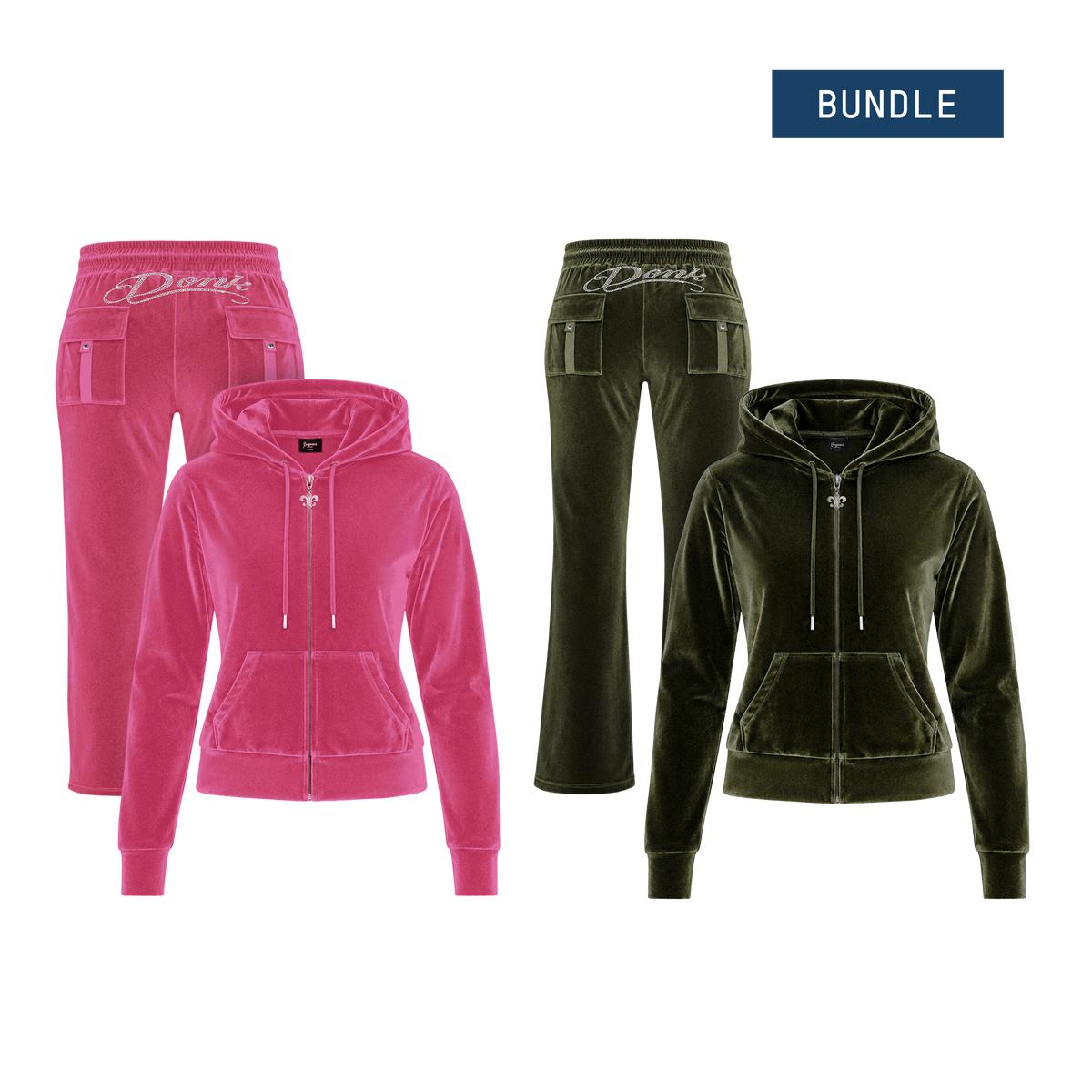 Beyoncé Donk bundle, hot pink velour tracksuit beside the olive green velour tracksuit, jackets and pants