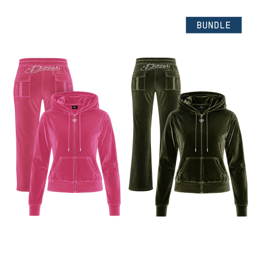 Beyoncé Donk bundle, hot pink velour tracksuit beside the olive green velour tracksuit, jackets and pants