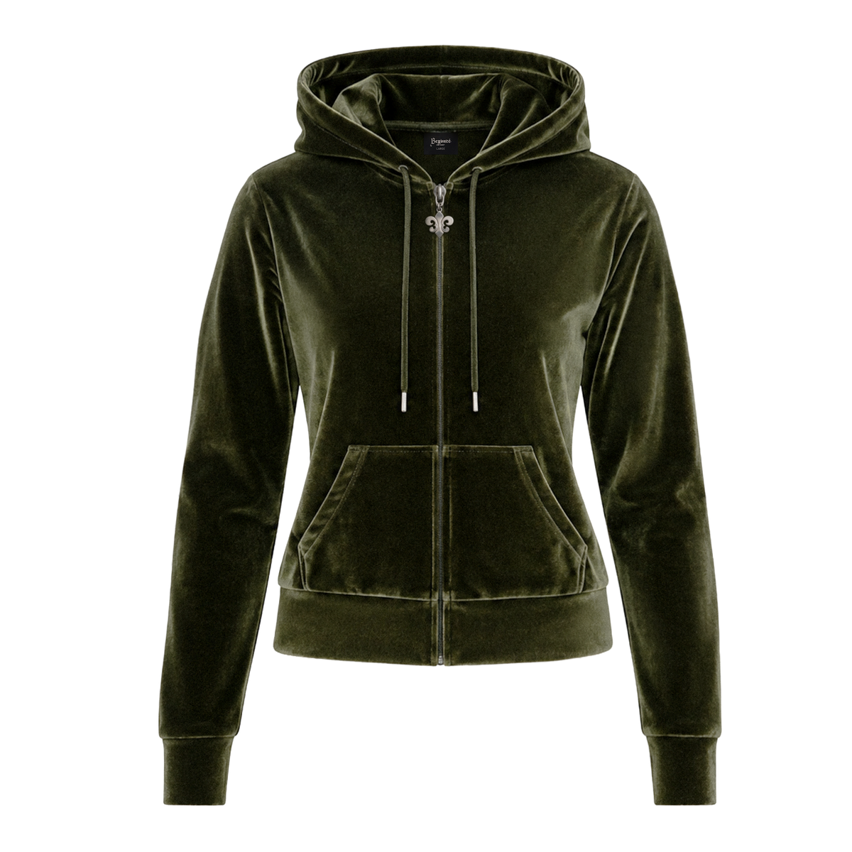 Donk velour zip hoodie in olive green, front with drawstring hood and kangaroo pockets