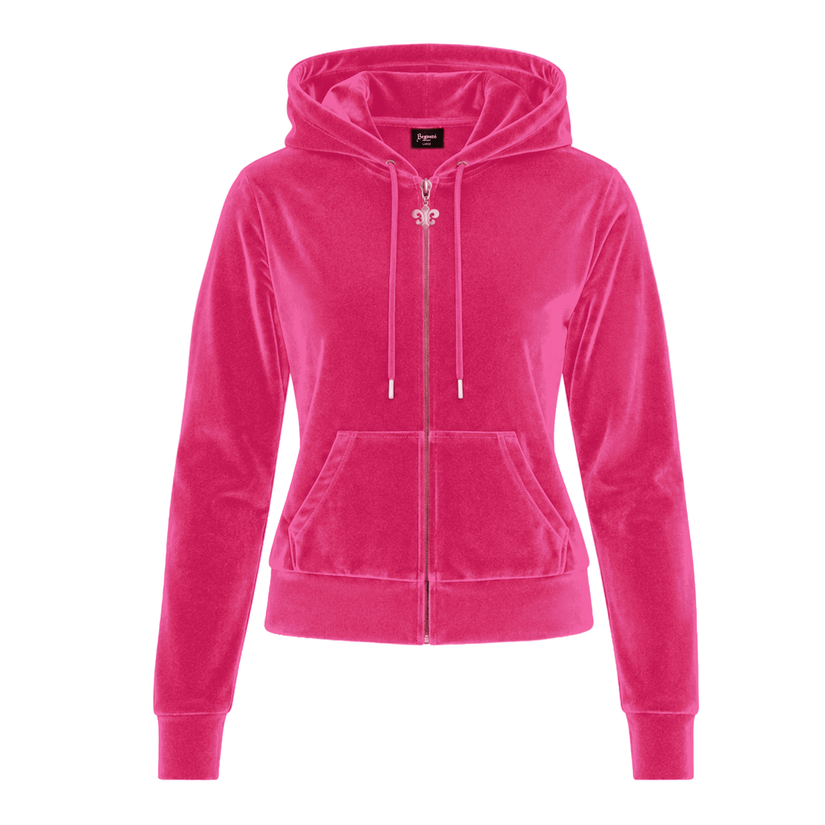 Donk velour zip hoodie in hot pink, front with drawstring hood and kangaroo pockets