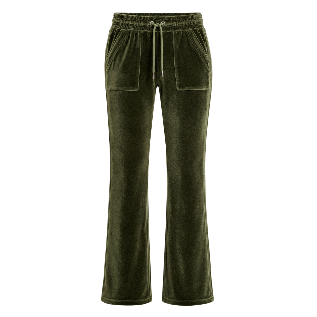 Donk velour track pants in olive green, front with drawstring waist and patch pockets