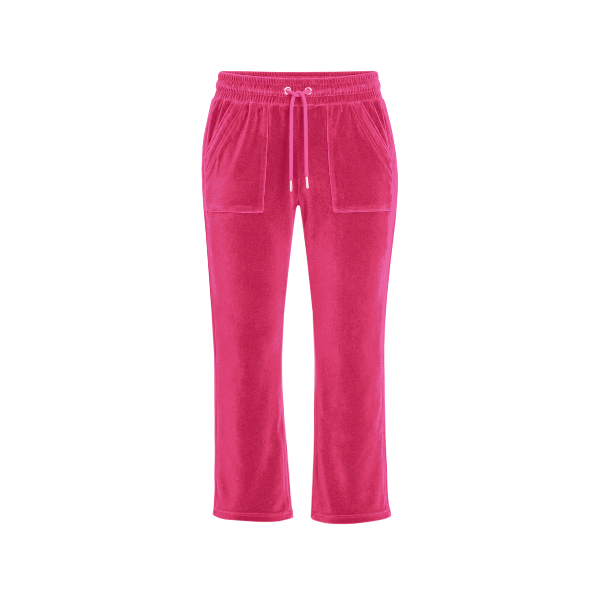 Donk velour track pants in hot pink, front with drawstring waist and patch pockets