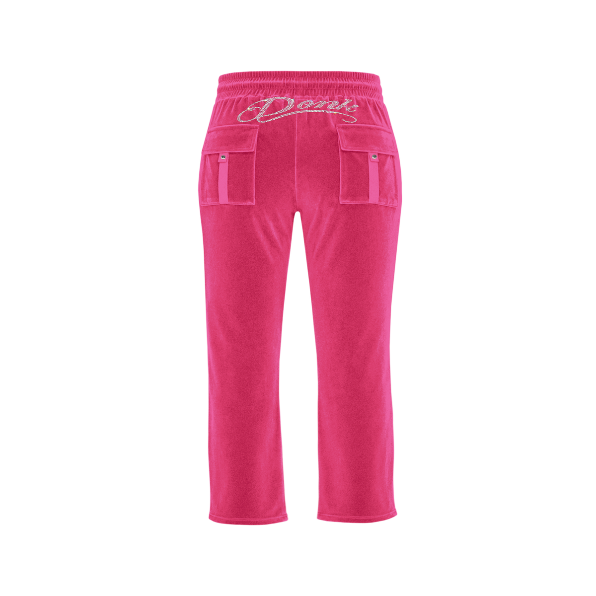 Donk hot pink velour capri pants, back with the Donk script and flap pockets