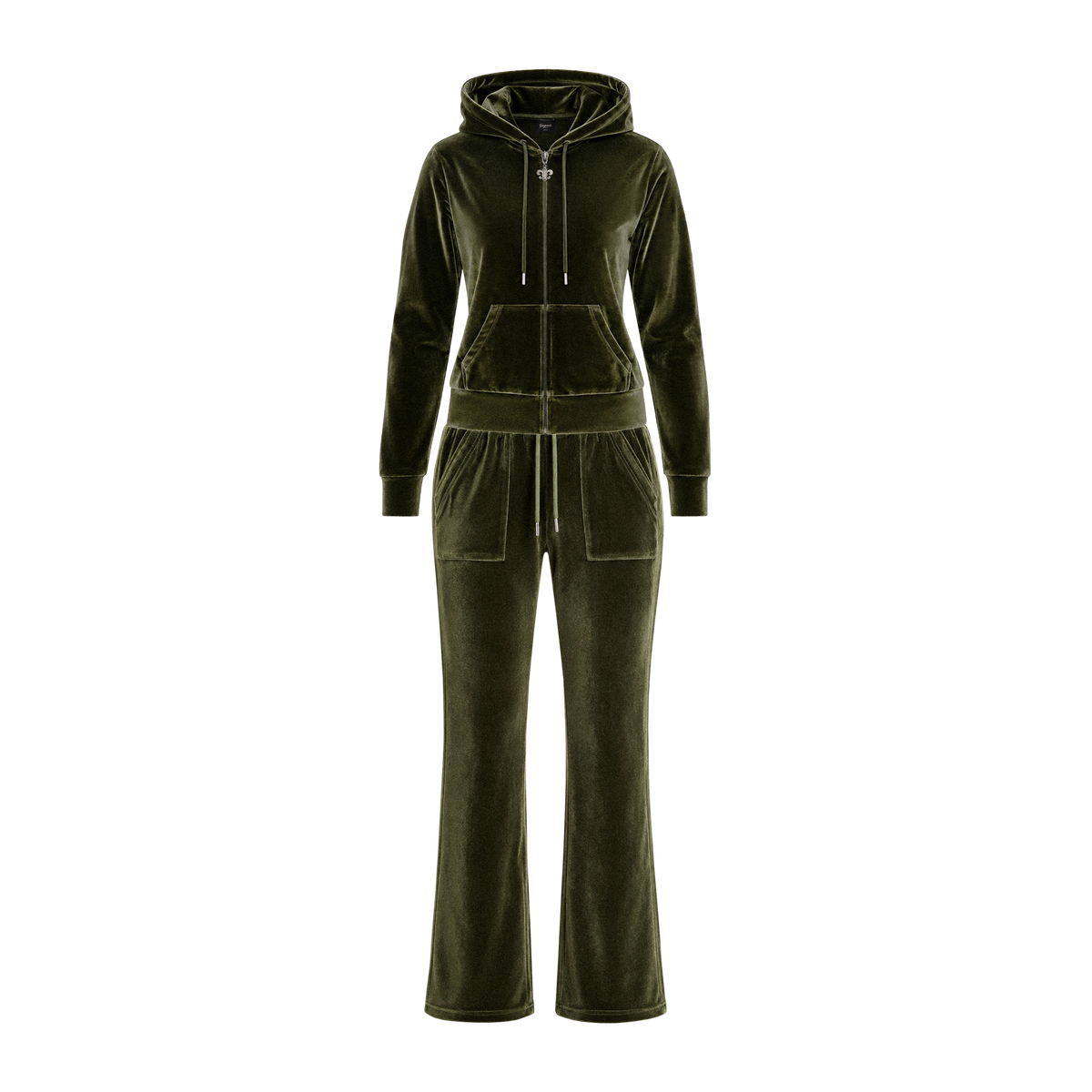 Beyoncé Donk tracksuit in olive green velour, matching zip hoodie and flared track pants, front