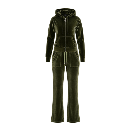 Beyoncé Donk tracksuit in olive green velour, matching zip hoodie and flared track pants, front